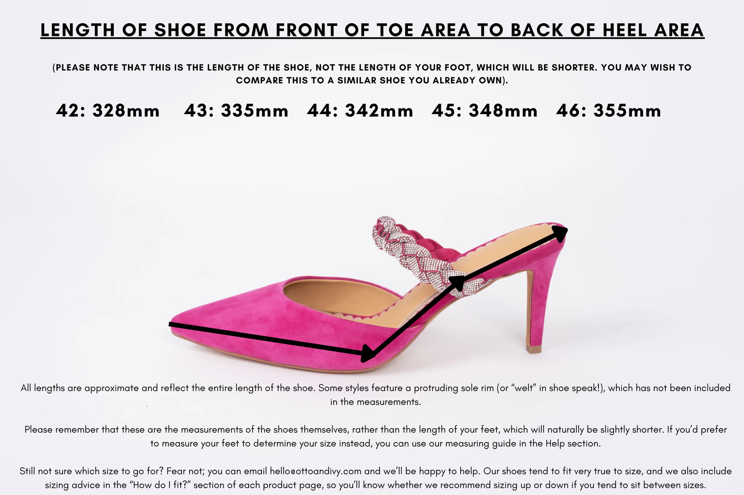 Measurement diagram displaying lengths of womens large size shoes in sizes 42,43,44,45 and 46.