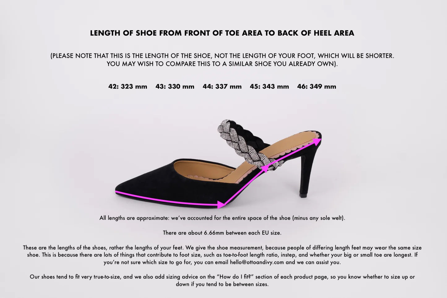 Length diagram displaying measurements on womens stiletto slip ons in 42-46