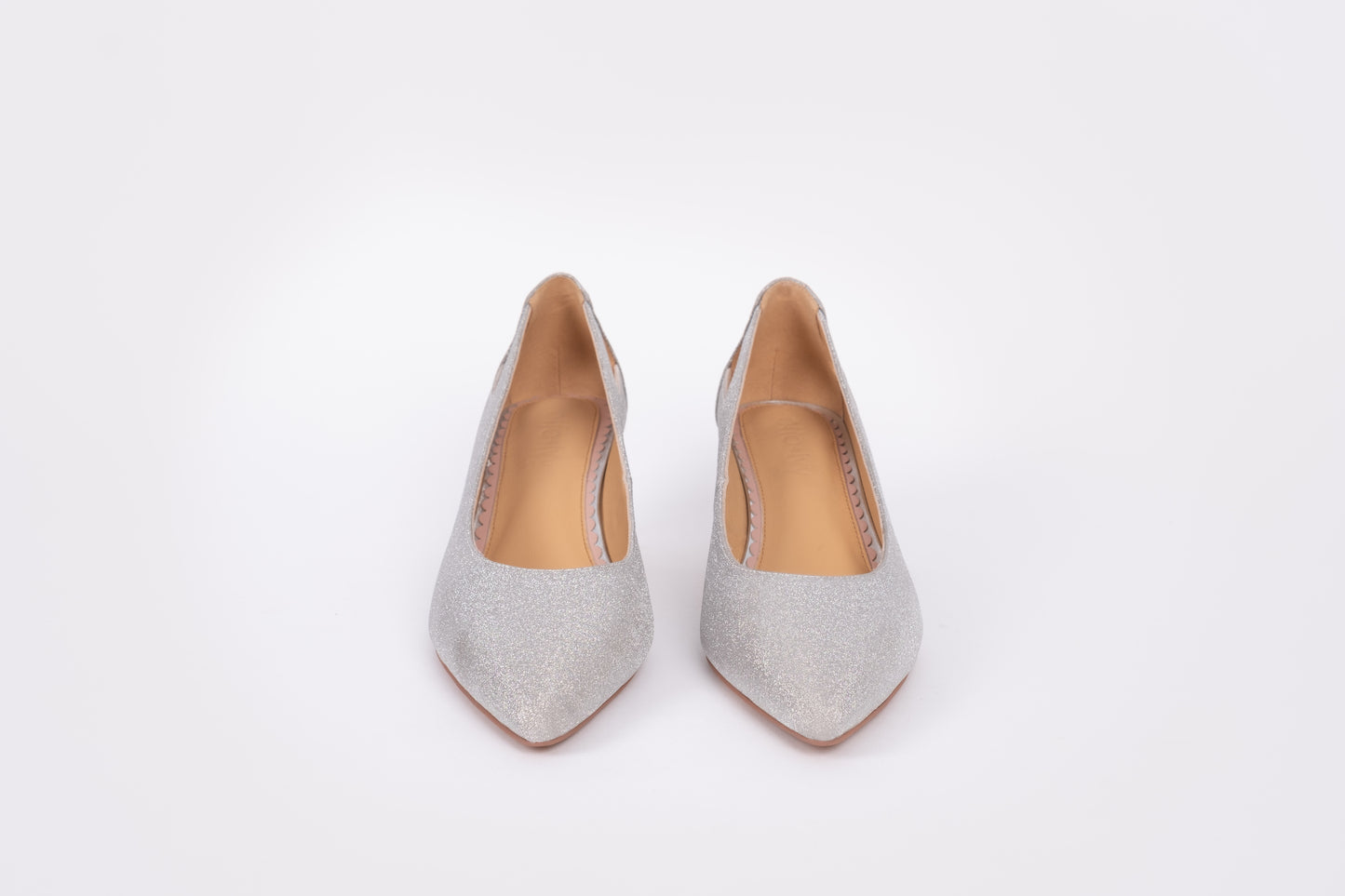 Front view of Florence Kitten in Silver sparkle available in womens larger sizes 42-46