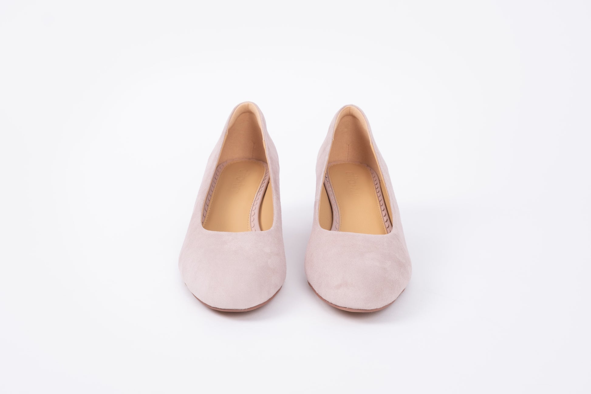 Front view of Lily court shoe in blush pink. A low womens heel in larger sizes European 42-46