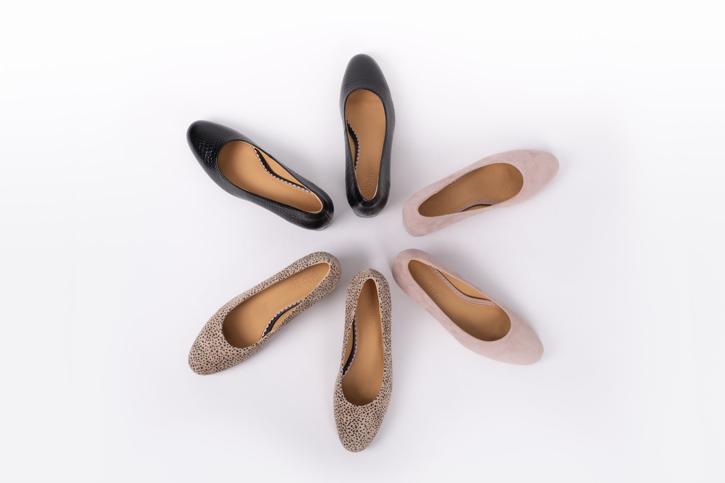 Aerial view of womens shoes in blush, black and cheetah. Available in larger sizes 8-12. Lily court.