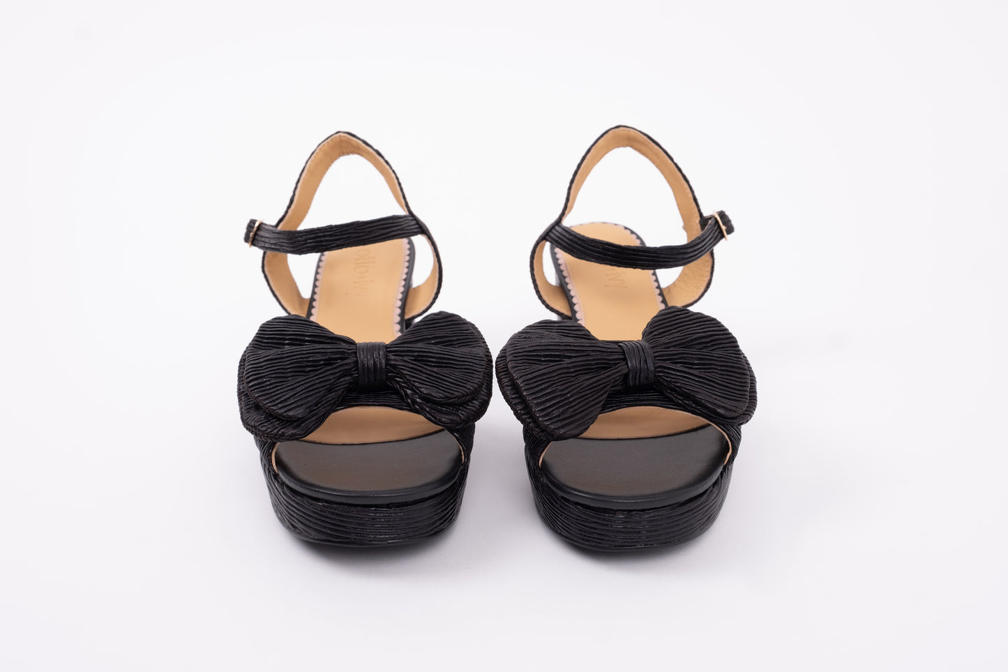 Front view of Rhian Sandal in black. Strappy heel available in larger womens sizes UK 8-12