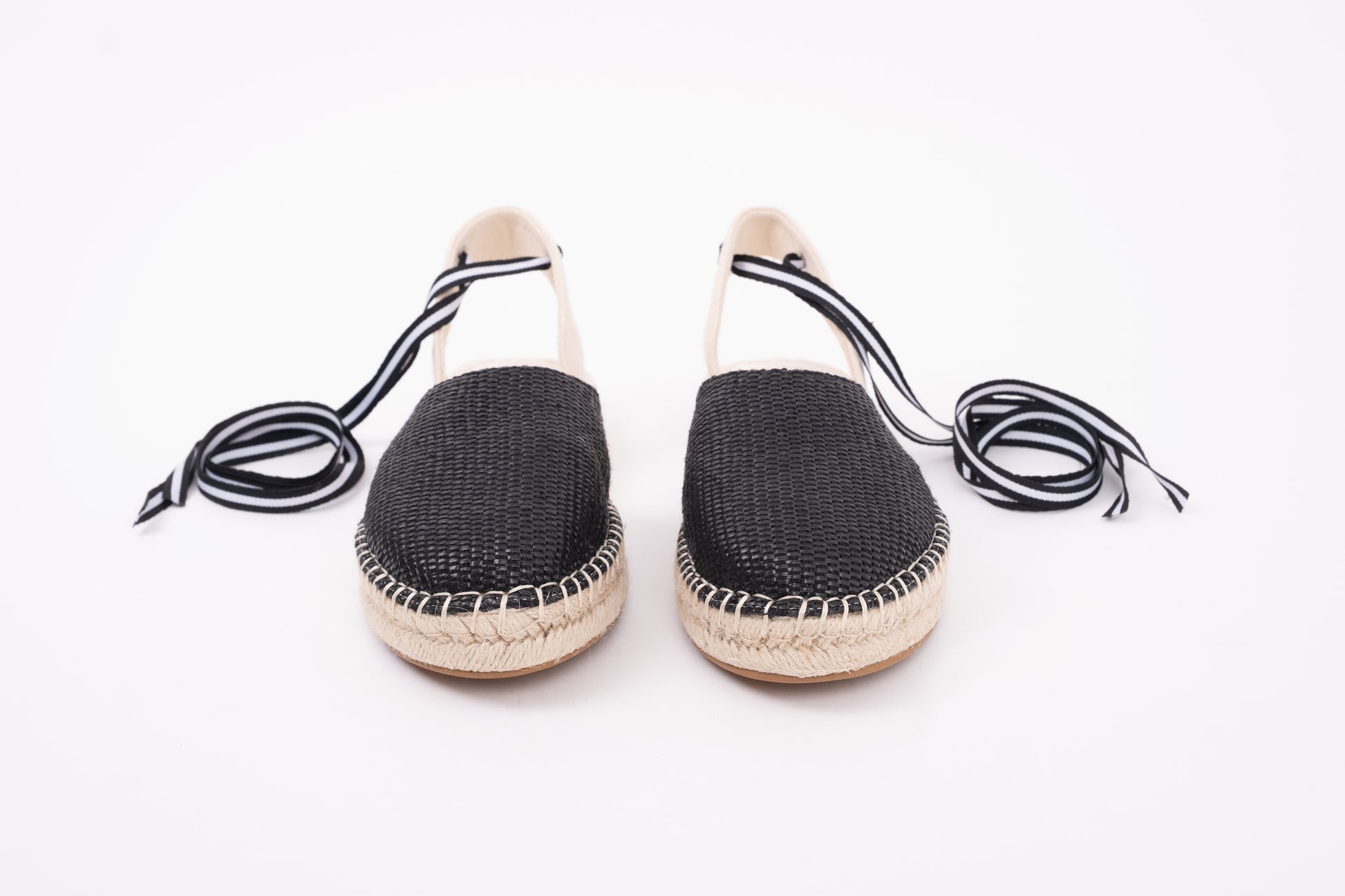 Front view of womens Espadrille shoe Clara in Black. Tie-up summer shoe available in large sizes European 42-46