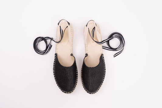 Aerial view of womens espadrille Clara in black. Available in larger sizes UK 8-12