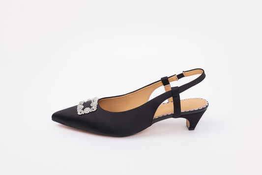 Side profile of Aceia sling back kitten heels in black. With top embelishment. Available in larger womens sizes UK 8-12