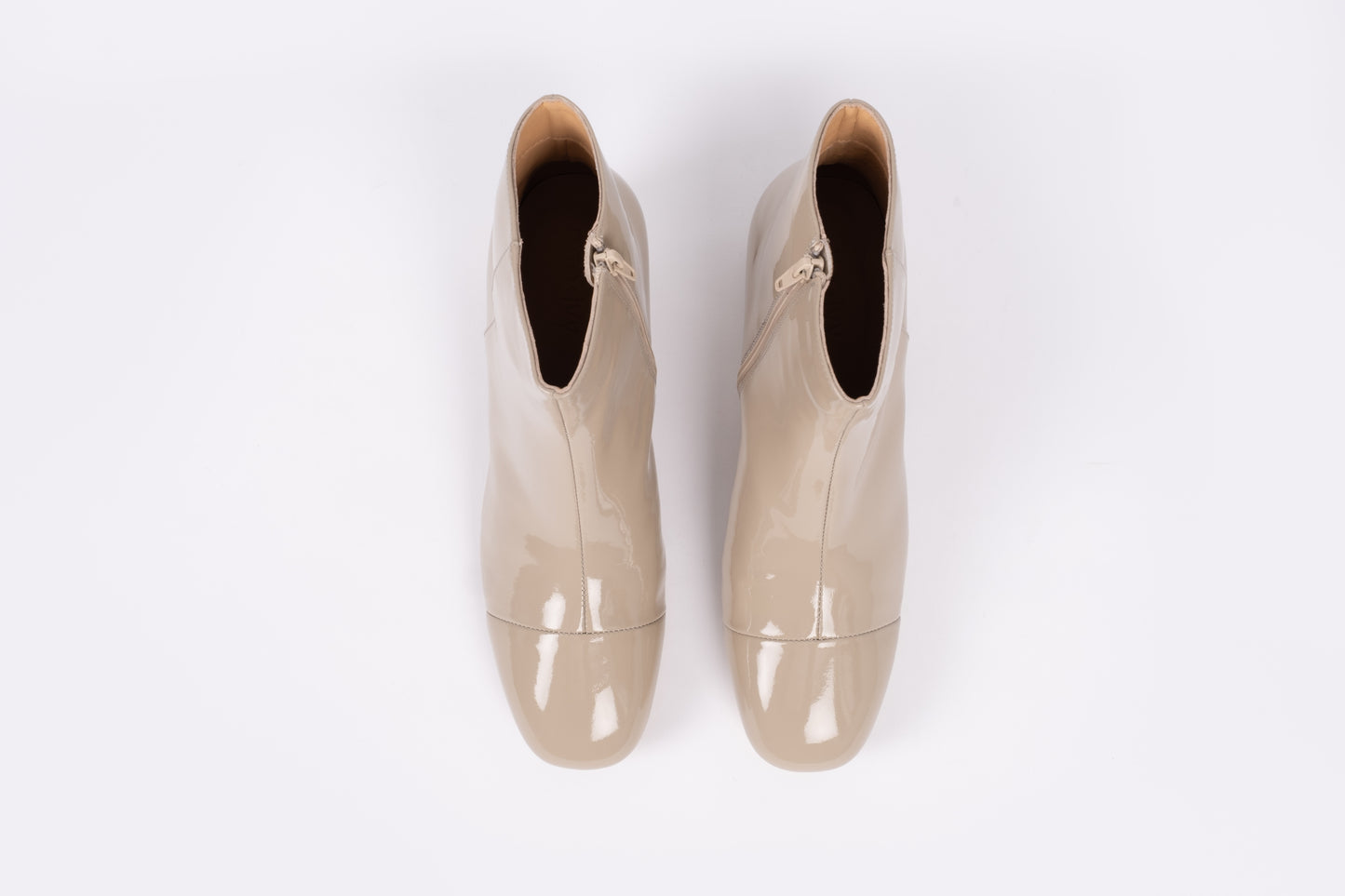 Aerial view of Izzy boot in Taupe. Womens ankle boot available in European sizes 42-46. Standard and wide fit.