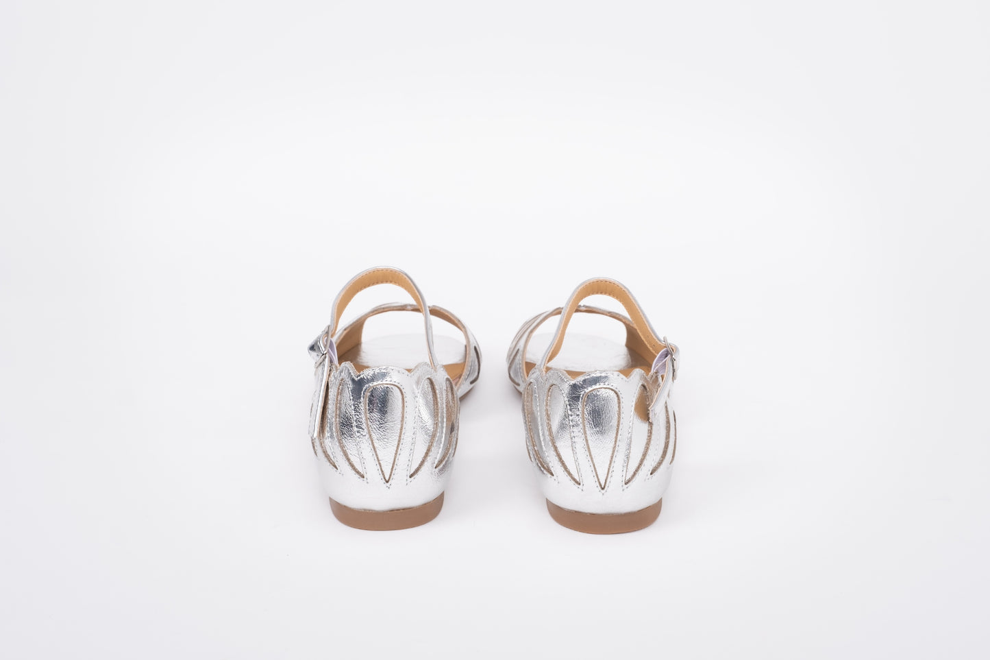 Back shot of womens silver sandal in larger sizes