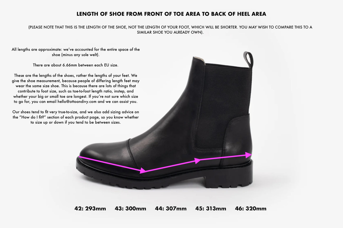 Length diagram displaying size of womens larger sized boots in 42-46