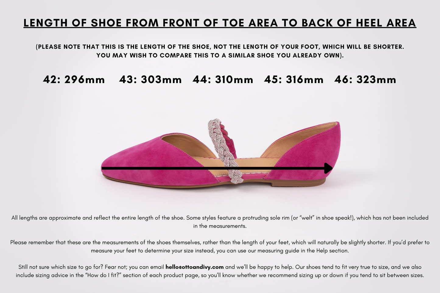 Measurement diagram displaying lengths of womens large size shoes in sizes 42,43,44,45 and 46.
