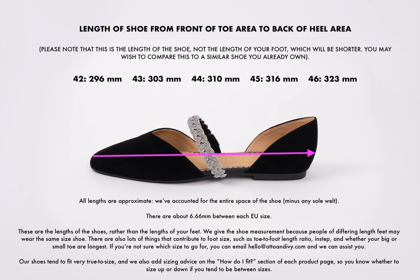 Length diagram displaying measurements of Amber flat in sizes 42-46