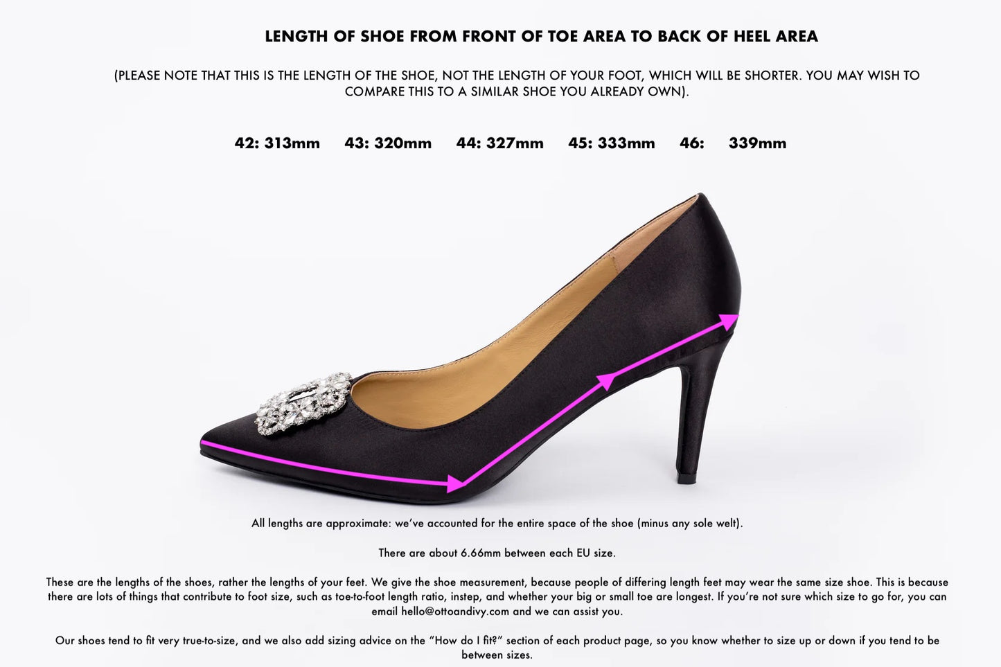 Length diagram displaying measurements of sizes 42-46