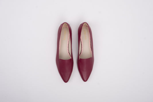Aerial shot of womens burgundy flat shoe in larger sizes 42 43 44 45 46