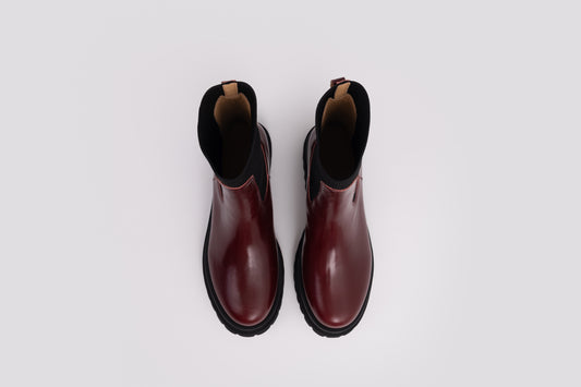 Aereal view of Marnie boot in oxblood red. A womens leather ankle boot in large UK sizes 8-12