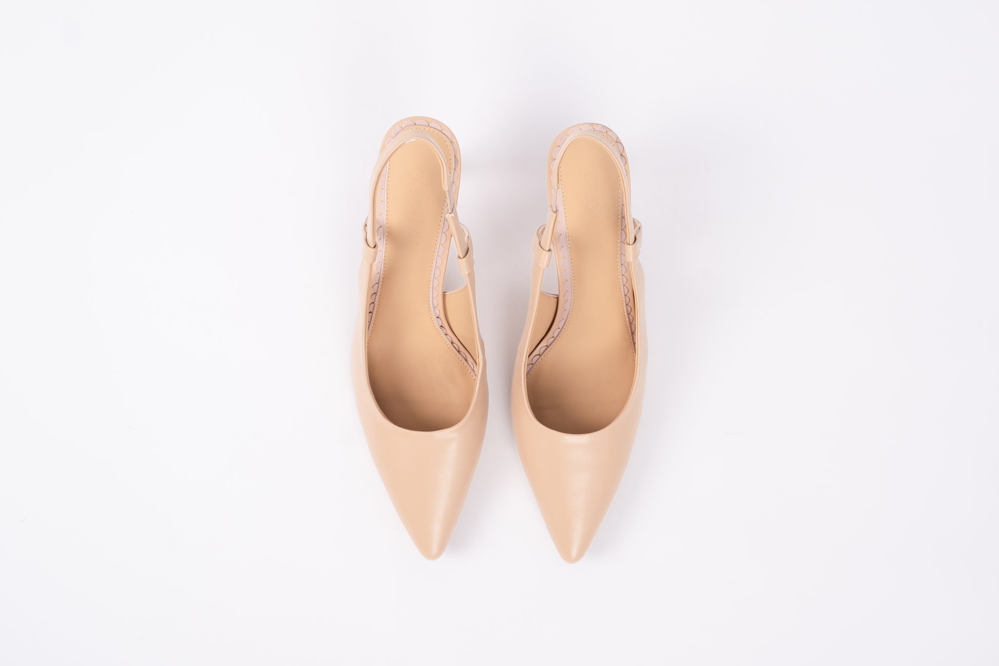 Aerial view of Myah slingback shoe in beige. Womens footwear in larger sizes 42-46