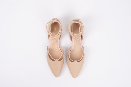 Aerial view of Winnie Flats in beige, a tie-up womens shoe in larger UK sizes 8-12