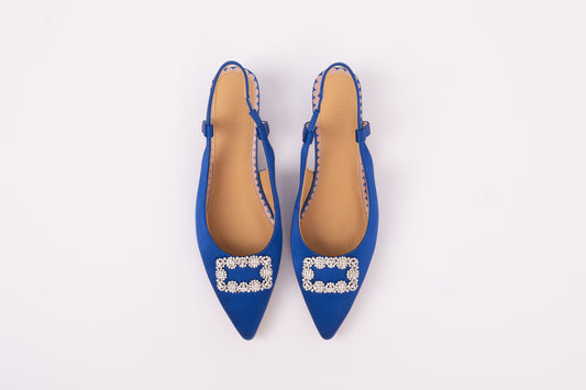 Aerial view of Aceia Slingback in Blue. An embellished womens heel available in larger European sizes 8-12