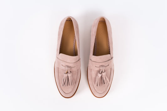 Aerial view of Dorothy Loafers in Blush Pink Suede. Womens flat shoe available in women's European sizes 42-46