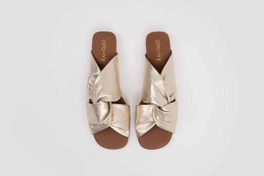 Aerial shot of gold womens sandal available in european sizes 42-46