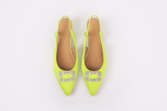 Aerial view of Aceia slingback in lime. Womens heel available in larger sizes. European 42-46