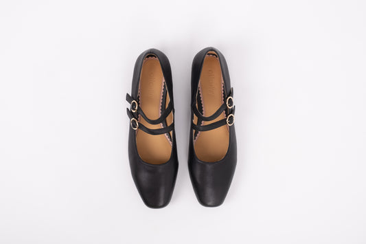 Aerial view of Jemima Flat in Black, a 2 strap Mary Jane available in larger sizes. 42-46