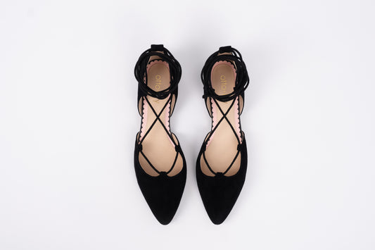 Aerial view of Winnie shoe in black. A Tie up womens pump available in larger  European sizes 42-46