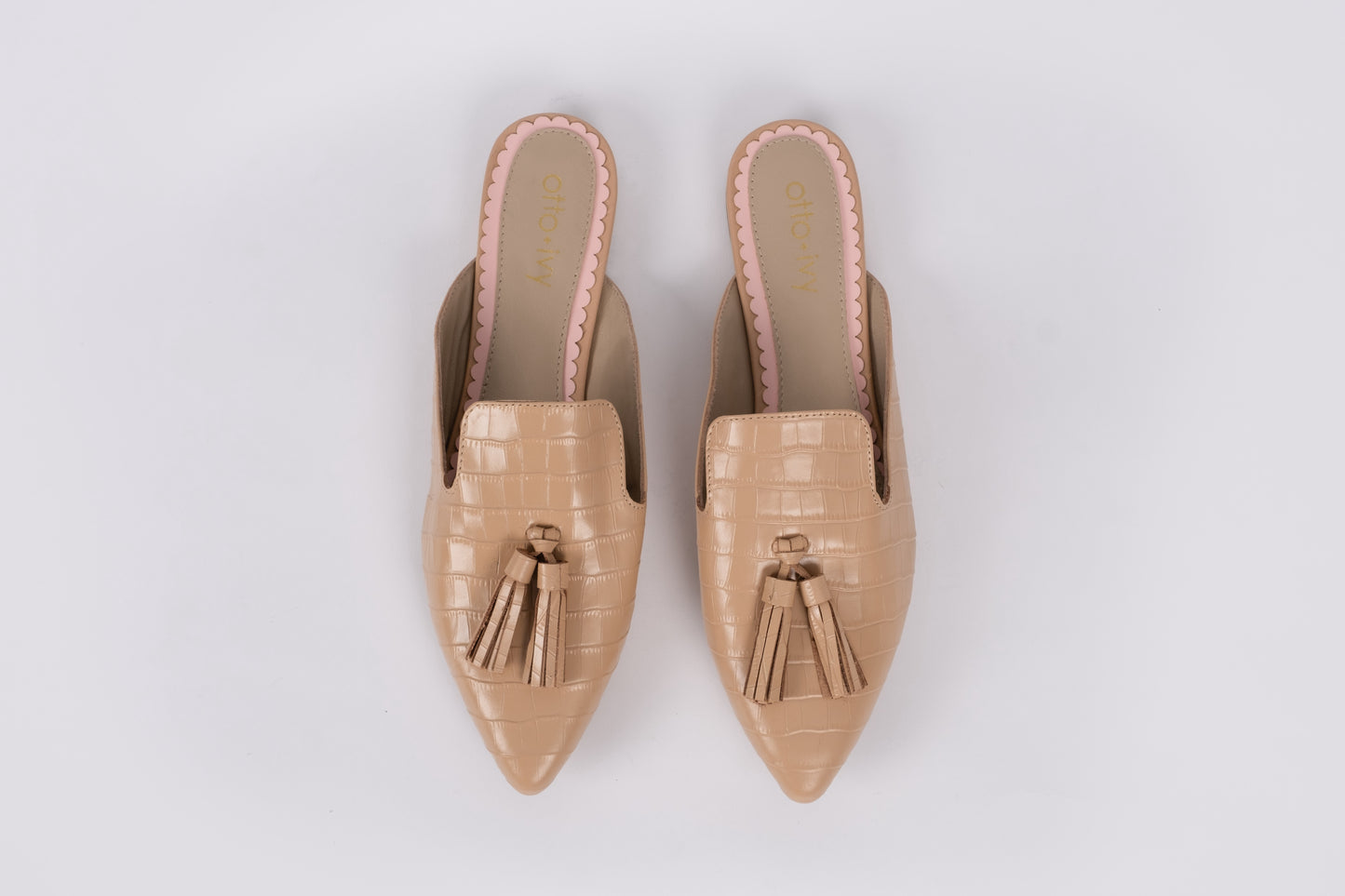 Aerial view of Sienna Slider in beige croc. Womens footwear available in larger European sizes 42-46