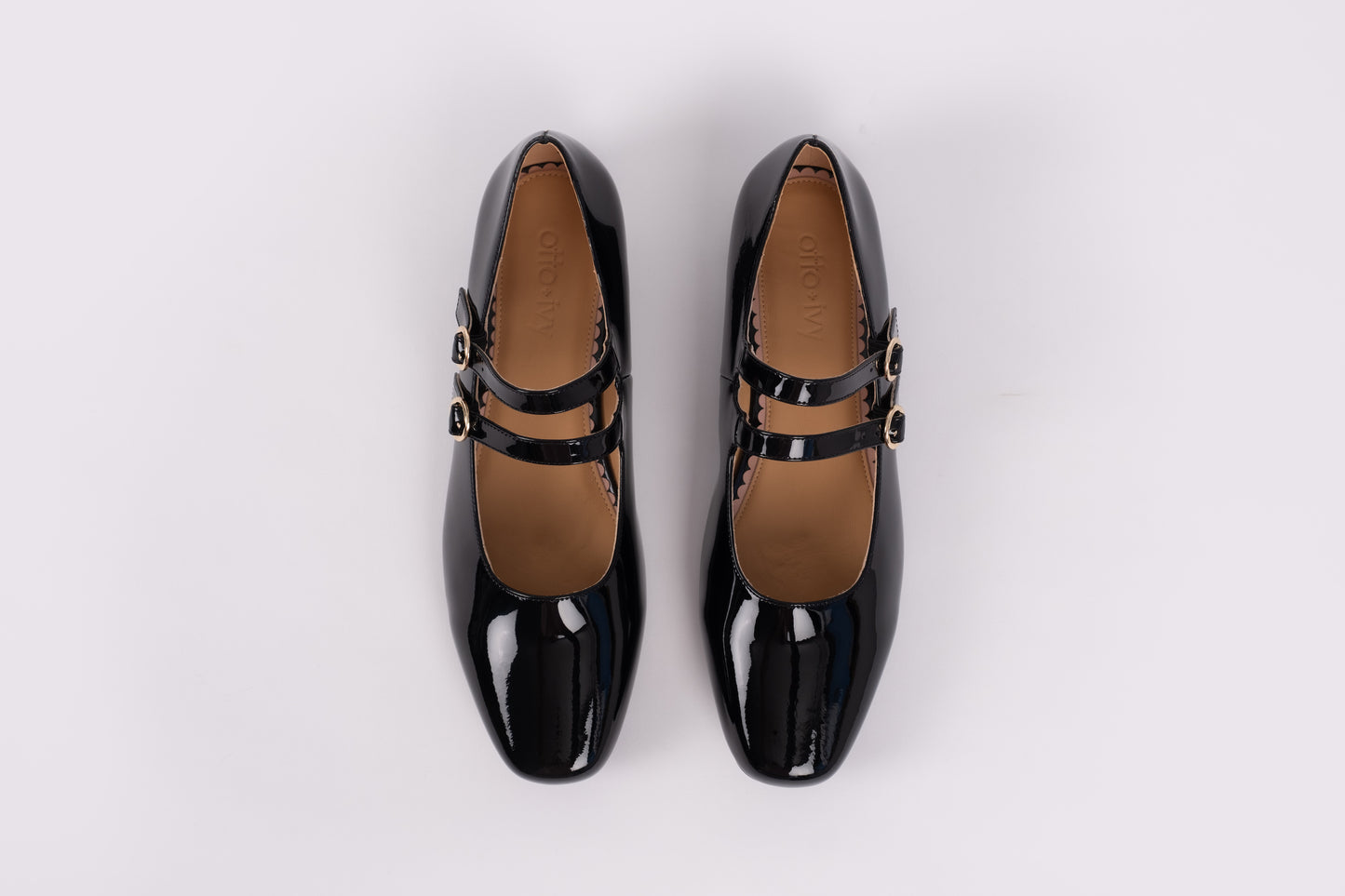 Aerial view of Jemima Flat in black. A women's 2 strap Mary Jane available in larger womens sizes 42-46