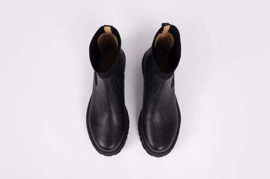 Aerial view of the Marnie Boots in Black Leather. Ankle boots in larger womens sizes 8-12.