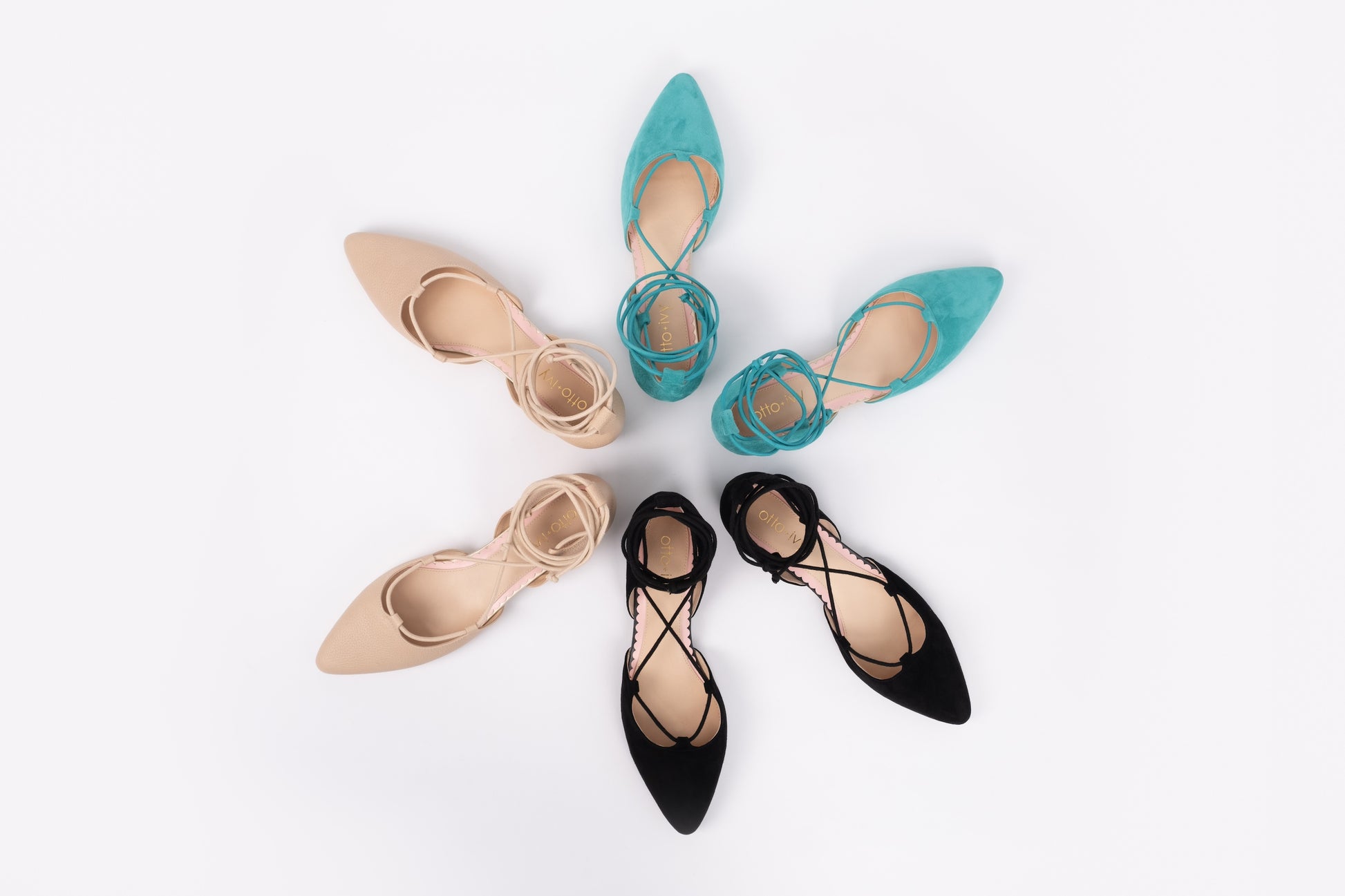 Aerial view of Winnies in all 3 colours, teal, black and beige. Flat womens shoes available in larger UK sizes 8-12