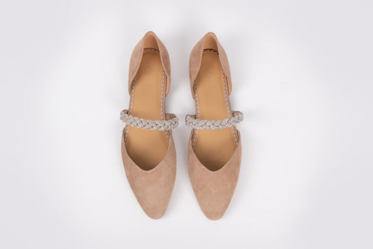 Aerial veiw of Amber flat in Latte, a womens flat show with sparkly strap in larger sizes UK 8-12