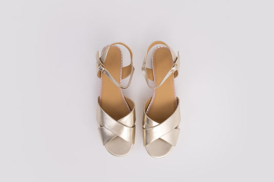 Aerial shot of Frankie sandal in gold, a womens block heeled available in larger UK sizes 8-12