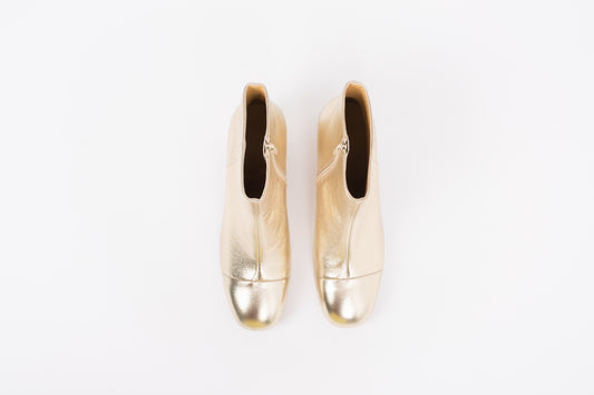 Aerial view of Izzy boot in gold. Womens footwear available in larger European sizes 42-46