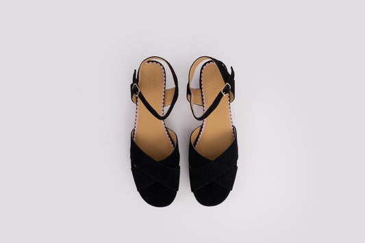 Aerial veiw of Frankie sandal in black. A womens heeled sandal available in larger UK sizes 8-12