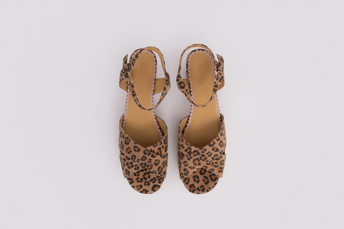 Aerial view of Frankie sandal in leopard print. A womens heel available in larger European sizes 42-46