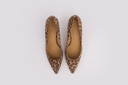 Aerial veiw of Emmie court in leopard print, a womens heel available in larger UK sizes 8-12