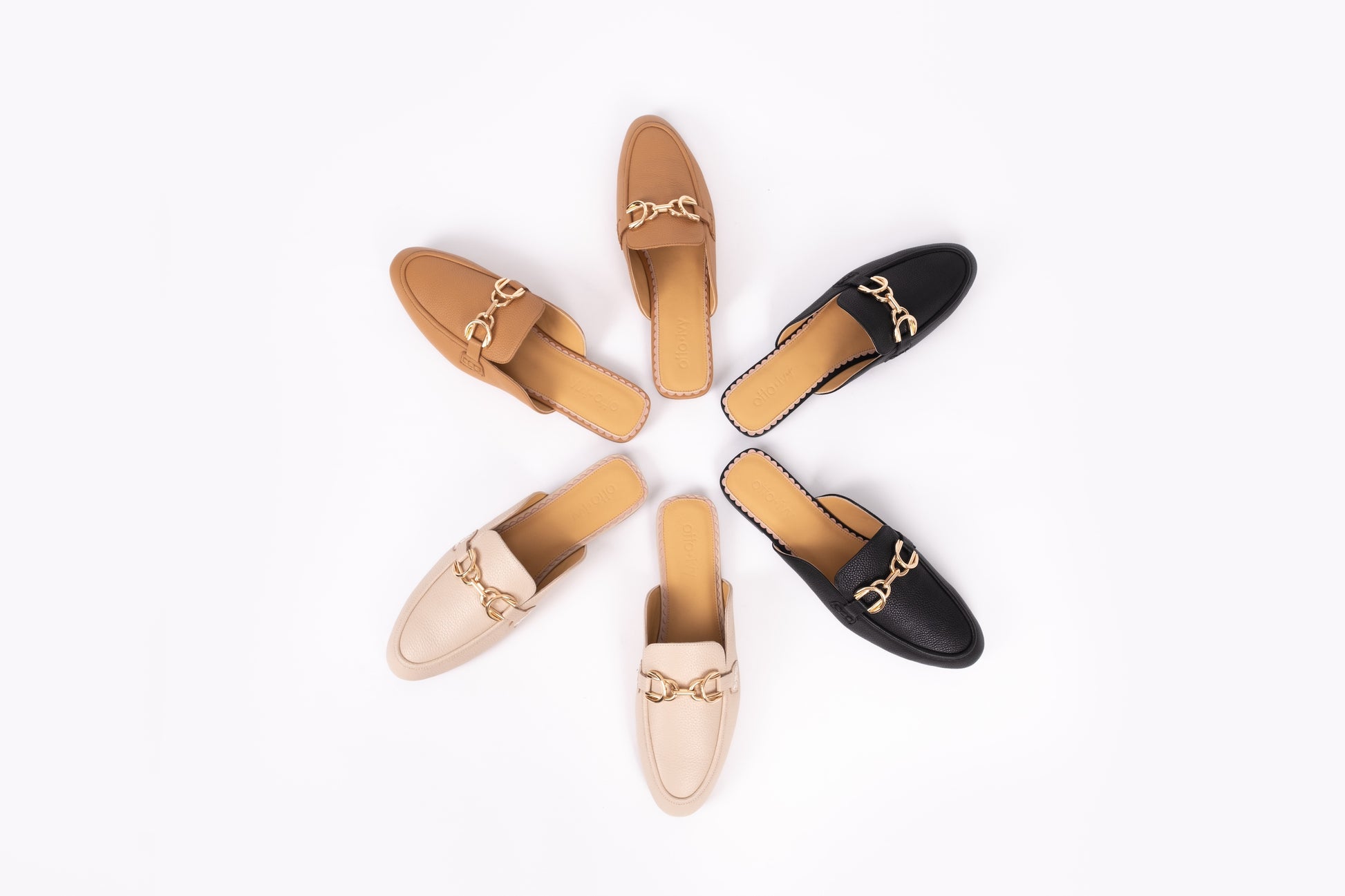 Aerial view of Chloe Mules in all 3 colours, tan, black and stone. Leather womens flat shoes available in sizes 42-46