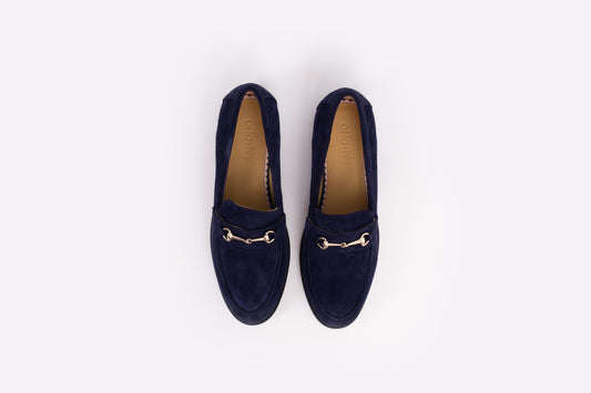 Aerial view of Navy Betsy Loafers with buckle. Larger sized womens shoes available in European sizes 42-46