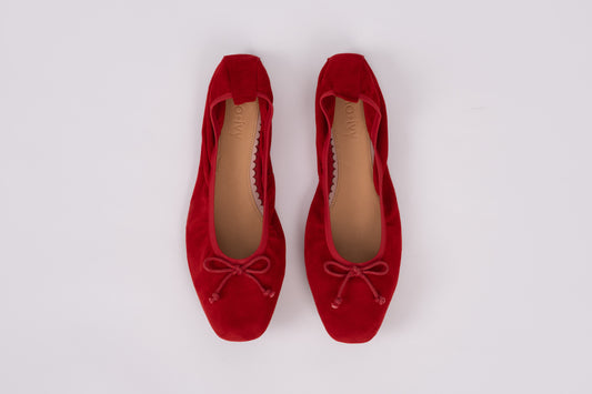Aerial view of Olivia flat in red. Womens footwear available in larger European sizes 42-46