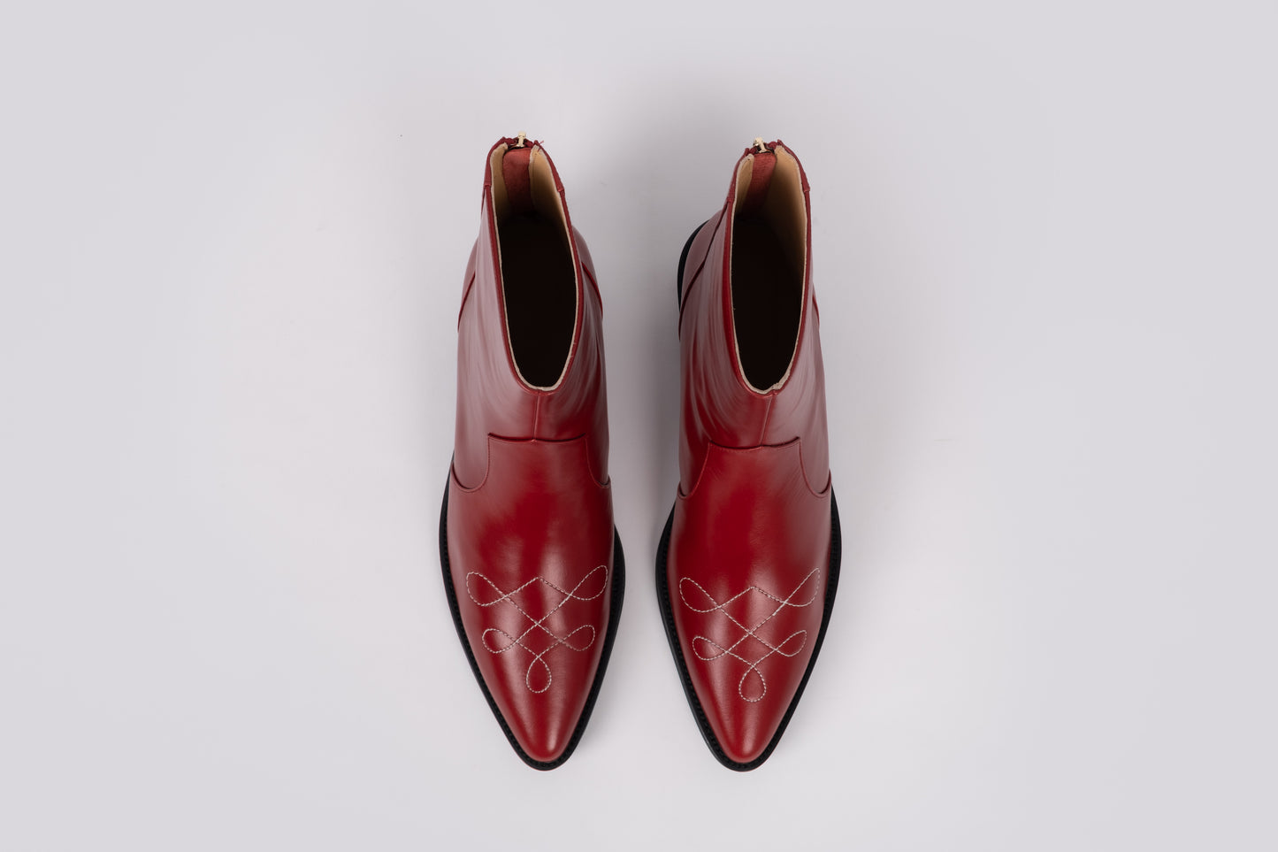 Aerial view of Phoebe boot in Red leather. Womens ankle boot available in larger sizes 42-46