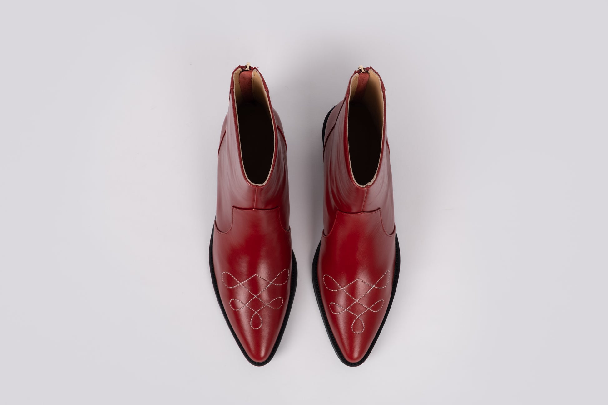 Aerial view of Phoebe boot in Red leather. Womens ankle boot available in larger sizes 42-46