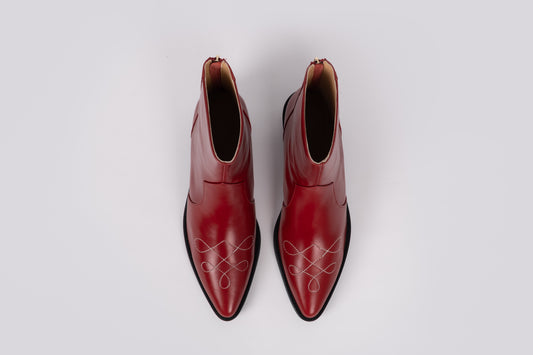 Aerial view of Phoebe boot in Red leather. Womens ankle boot available in larger sizes 42-46
