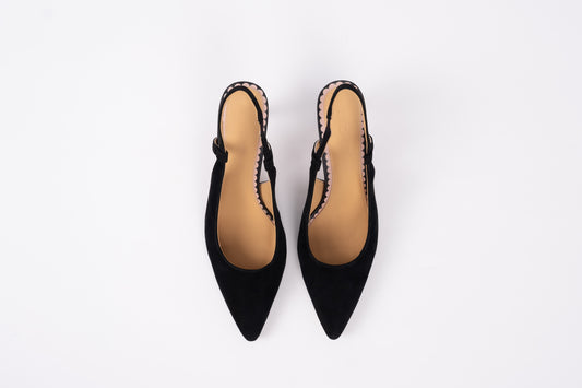 Aerial view of Myah slingbacks in black. Womens heel in larger sizes 8-12