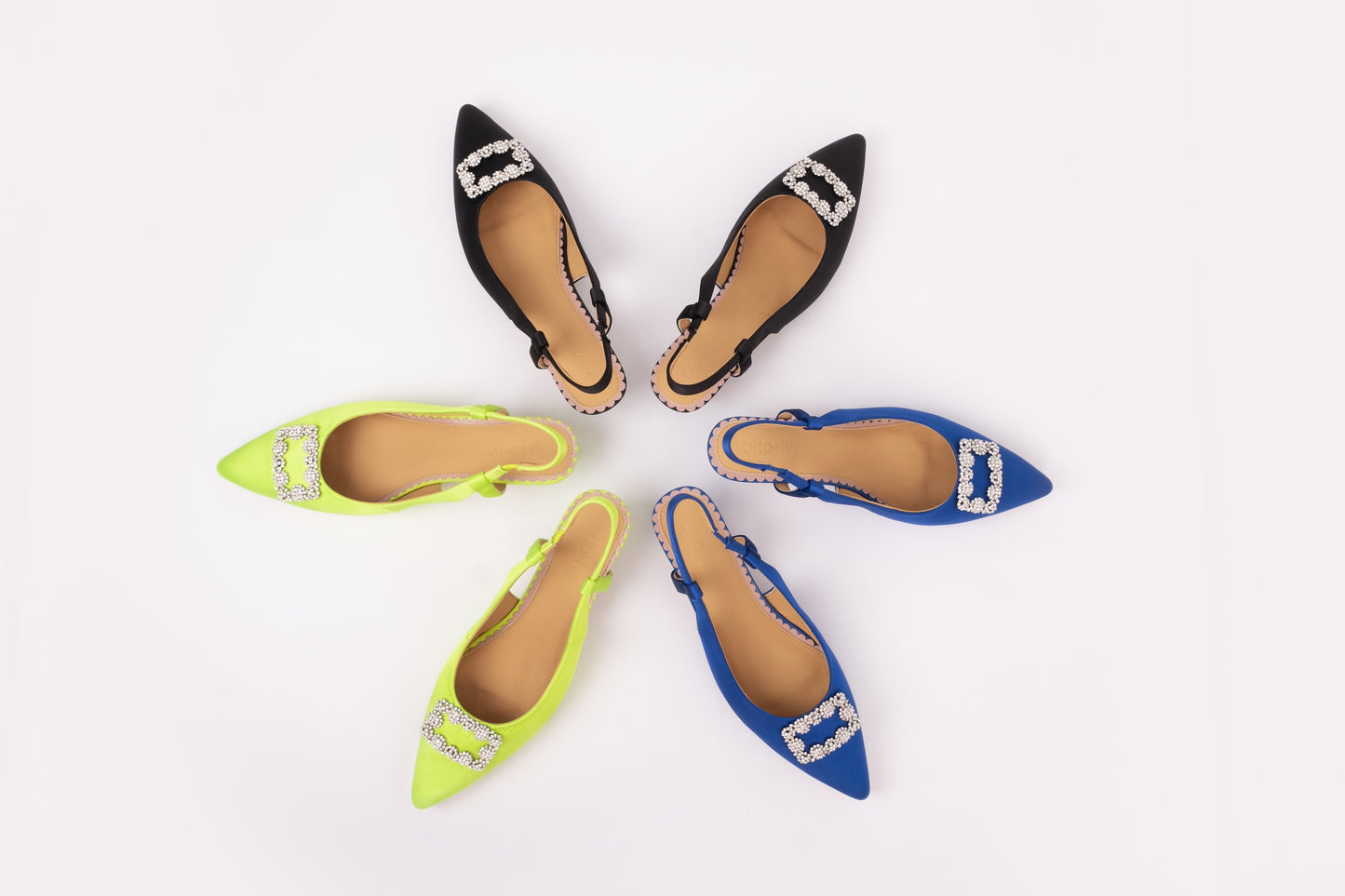 Aerial view of Aceia slingbacks in all 3 colours. Black, blue and lime. Womens shoes available in womens larger UK sizes 8-12