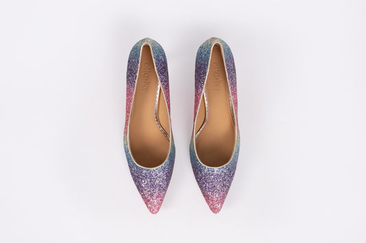 Aerial view of Emmie Courts in Rainbow. Sparkly womens heels in larger sizes UK 8-12