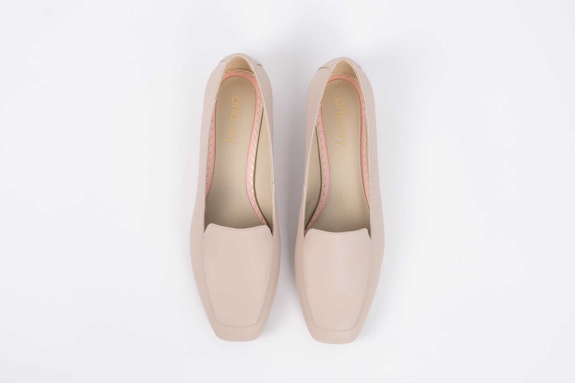 Front view of womens flat shoe, Aubrey in stone. Available In womens UK Sizes 8-12