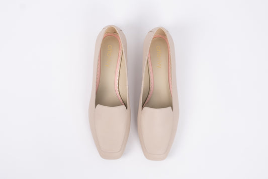 Front view of womens flat shoe, Aubrey in stone. Available In womens UK Sizes 8-12