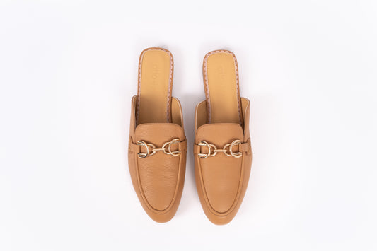Aerial view of Chloe Mule in Tan. Leather flat slide on womens shoe available in larger sizes UK 8-12