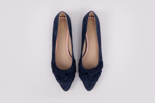 Aerial view of women's navy coloured flat shoe, available in UK sizes 8-12