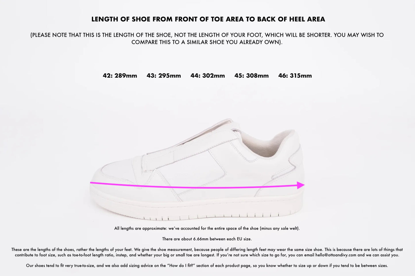 Measurement diagram displaying European sizes lengths of large womens shoes in size 42 43 44 45 46