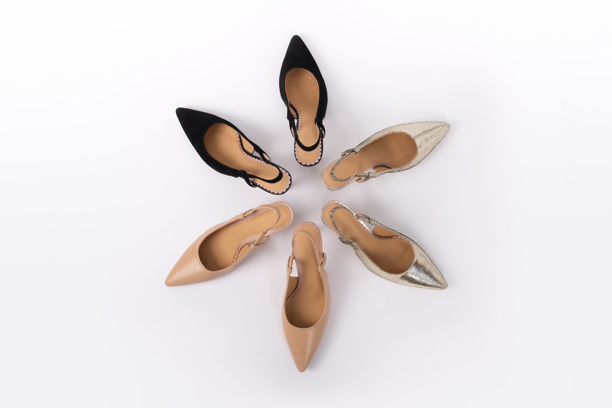 Aerial view of Myah slingback in all 3 colours, black, nude and gold. Available in large European sizes 42-46